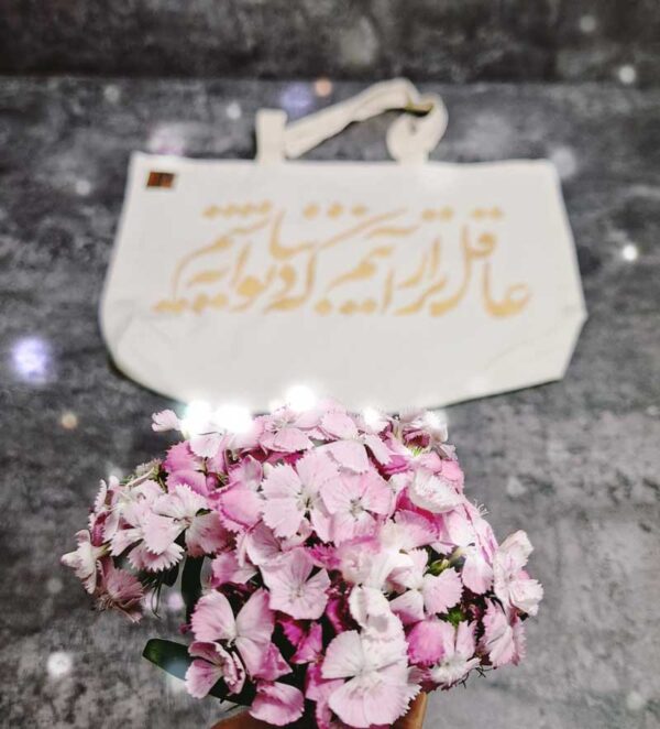 ساک پارچه ای با طرح شعر عاقل تر از آنیم که دیوانه نباشیم